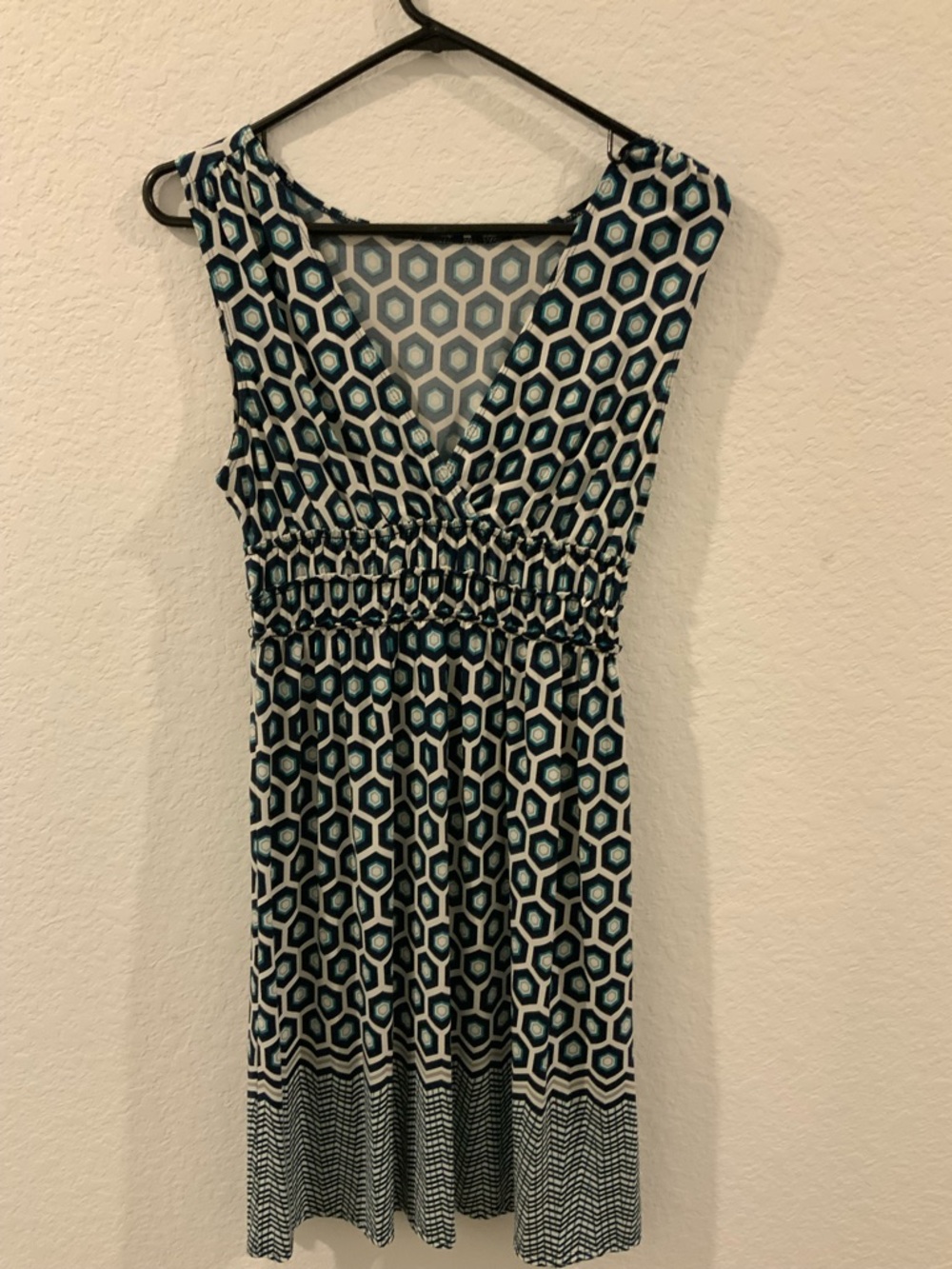 Max Edition Navy & Teal Geometric Fit & Flare Dress – Size PL